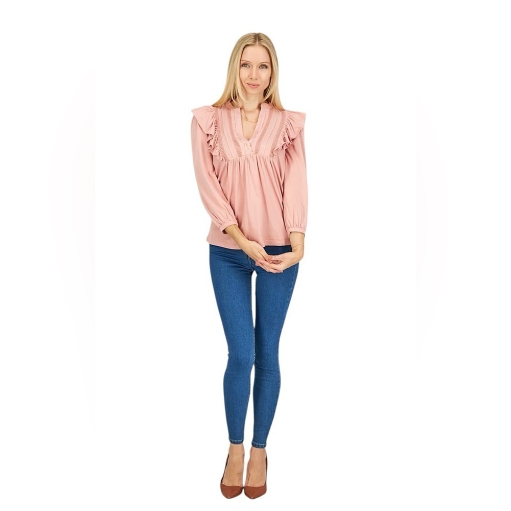 Lauren Ralph Lauren Rose Tan Ruffled Bib Neck Top Size: S - Picture 7 of 9